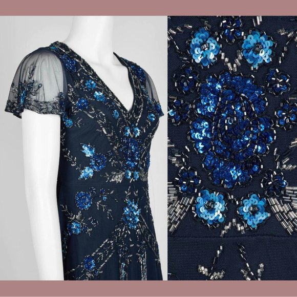 NWT $372 Aidan Mattox [ 0‎ ] Embellished V-Neck Cocktail Dress in Twilight BLUE - Picture 3 of 13